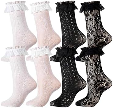 4 Pairs Lace Ruffle Ankle Socks Women Frilly Black White