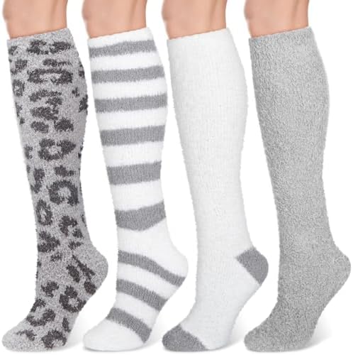 4 Pairs Leopard Knee High Fuzzy Socks for Women Soft Warm Plush Long