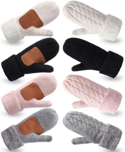 4 Pairs Winter Knitted Mittens Warm Thick Gloves Pink Gray Black White