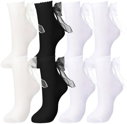 4 Pairs Women Ruffle Socks with Bow Soft Breathable Ankle Socks
