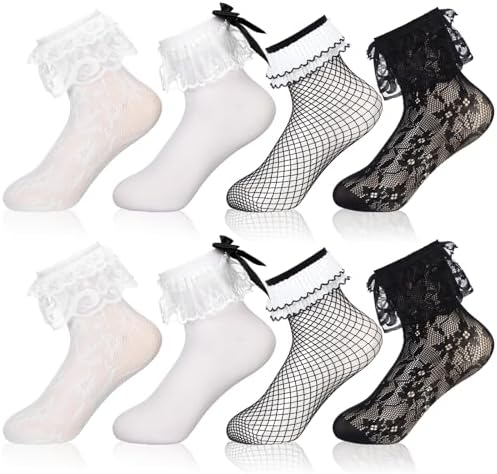 4 Pairs Women's Lace Ankle Socks Ruffle Frilly Ankle Women Mesh Lace