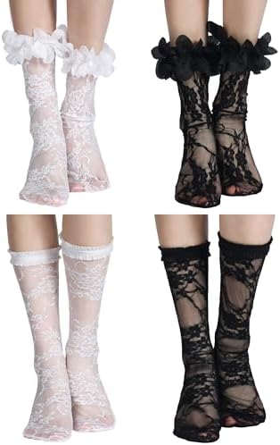 4 Pairs Women's Lace Ankle Socks Ruffle Frilly Mesh Loose Slouch High