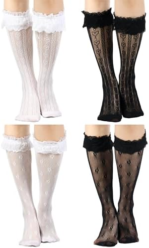 4 Pairs Women's Lace Socks Fishnet Mesh Knee High Stockings Lace Ankle