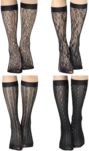 4 Pairs Women's Lace Socks Mesh Lace Knee High Socks for Women