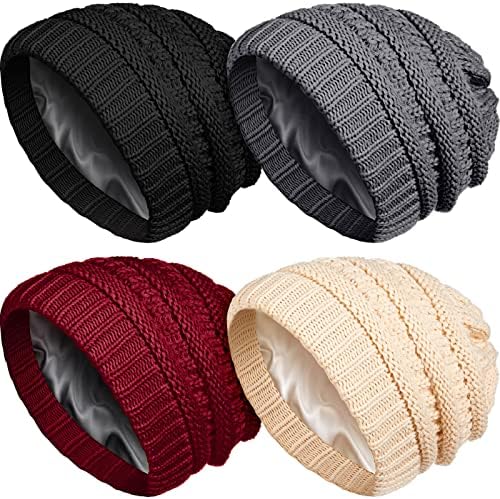 4 Pcs 3/4 Pcs Satin Lined Winter Beanies for Women Warm Contrast