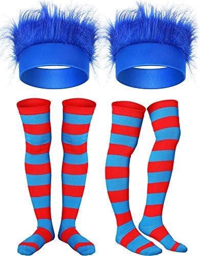 4 Pcs Blue Adult Costume Hairy Headband Hair Wig Red Striped Sock