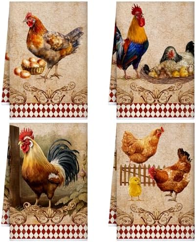 4 Pcs Chicken Kitchen Towels Rooster Dish Hand Towels