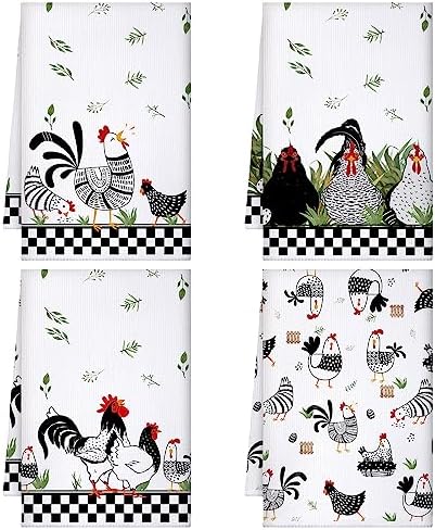 4 Pcs Chicken Rooster Kitchen Towels Farmhouse Plaid Mixed Color