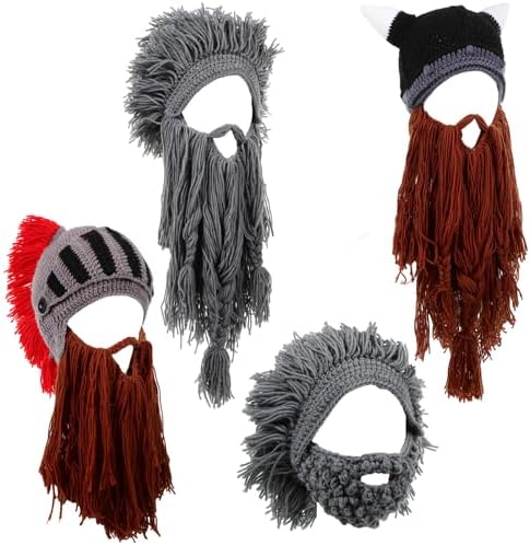 4 Pcs Creative Beard Hats Viking Beanie Wig Knit Beard Horn Winter Warm