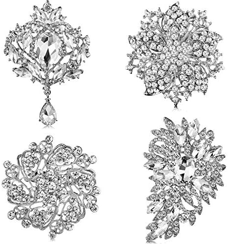 4 Pcs Crystal Rhinestone Brooches for Women Silver Diamond Pins