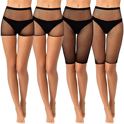 4 Pcs Fishnet Shorts for Women High Waisted See Through M Black
