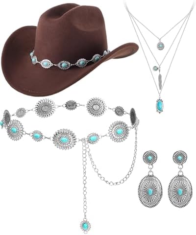 4 Pcs Halloween Cowgirl Set Hat Belt Accessories Boho Coffee