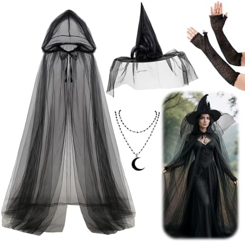 4 Pcs Halloween Witch Costume Set Cape Hat Gloves Choker Rose