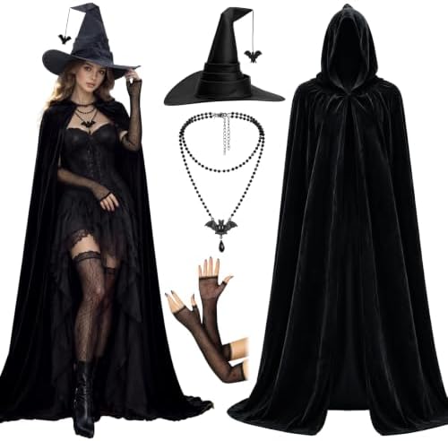 4 Pcs Halloween Witch Costume Set Cape Hat Gloves Choker