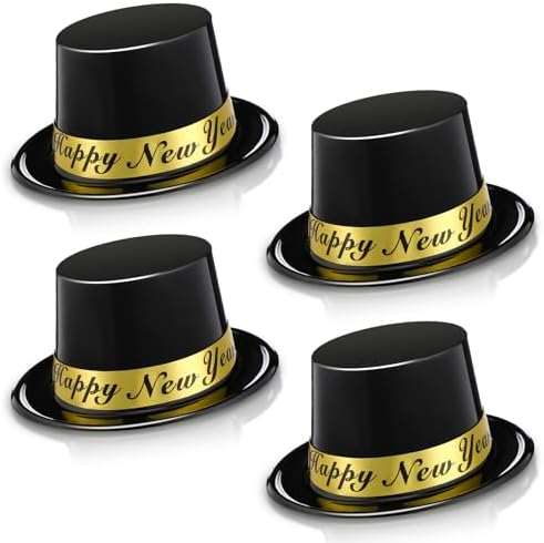 4 Pcs Happy New Years Top Hat 2027 Eve Party Black Gold Plastic Hats