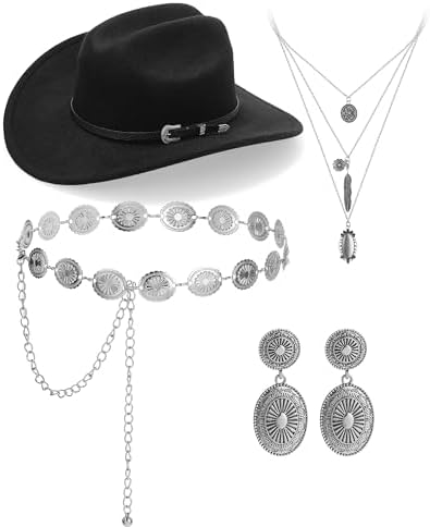 4 Pcs Jewelry Set Cowboy Hat Necklace Earrings Belt