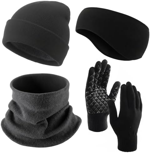 4 Pcs Men Warm Set Winter Beanie Hat Neck Warmer Gaiter Touchscreen