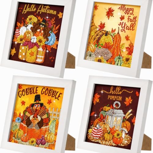 4 Pcs Thanksgiving Diamond Painting Kits with Frame 7 x 7 Inch