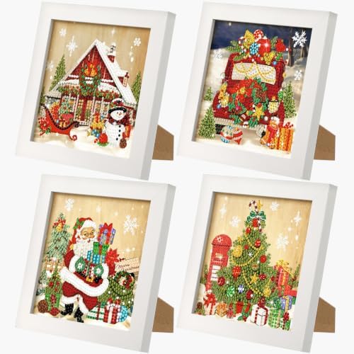 4 Pcs Vintage Christmas Diamond Painting Kits with Frame 7 x 7 Inch