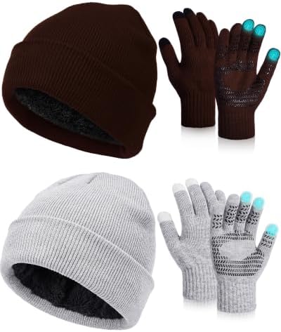 4 Pcs Winter Warm Beanie Touchscreen Gloves Set Soft Skull Cap Fleece