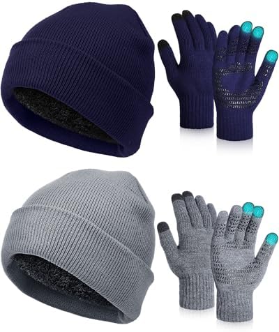 4 Pcs Winter Warm Beanie Touchscreen Gloves Set Soft Skull Cap Warm