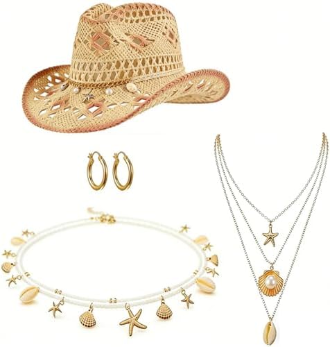 4 Pcs Women Straw Cowboy Hat Jewelry Set Summer Party