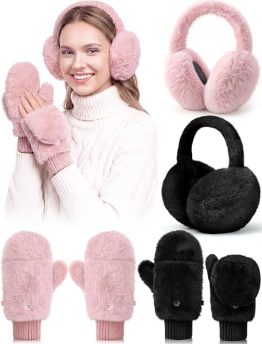 4 Piece Winter Faux Fur Mittens and Foldable Ear Muffs Convertible