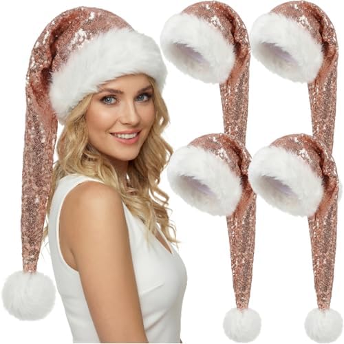 4 Pieces Sequin Santa Hats Long Caps for Adults Party