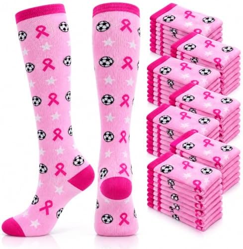 48 Pairs Breast Cancer Awareness Socks Pink Ribbon Knee High Crew Socks