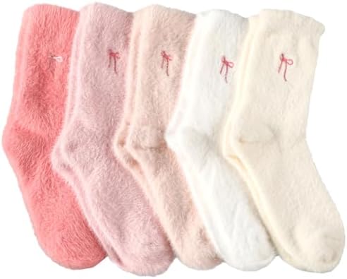 5 Pairs Fuzzy Bow Socks for Women Fluffy Slipper Gift Gradient Pink