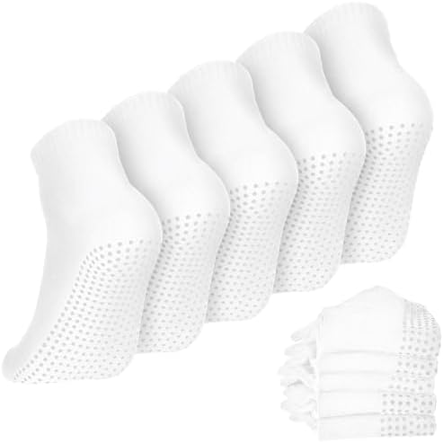 5 Pairs Non Slip Socks for Men Women Grip Socks White