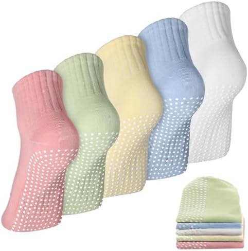 5 Pairs Womens Non Slip Socks for Yoga Pilates Barre Elastic Band