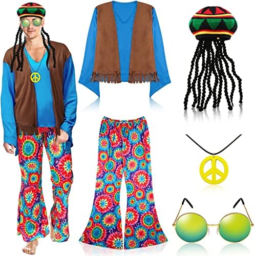 5 Pcs 70s 60s Hippie Costume for Men 70 S Outfit Disco Outfit Pant Shirt
