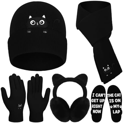 5 Set Cat Winter Set Beanie Scarf Gloves Knit Fleece Warmer Earmuffs