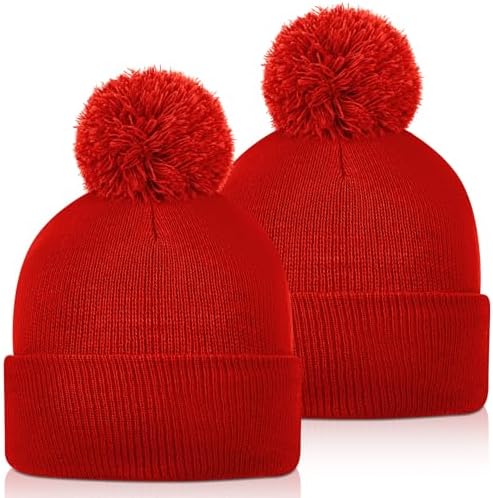 6/2 Pcs Pom Beanie Knit Hat Men Women Winter Hat Red 2 Pcs