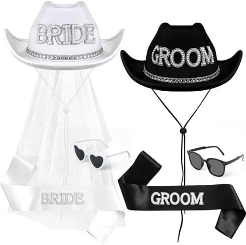 6 Pack Bride Cowgirl Hat with Veil Groom Cowboy Hat