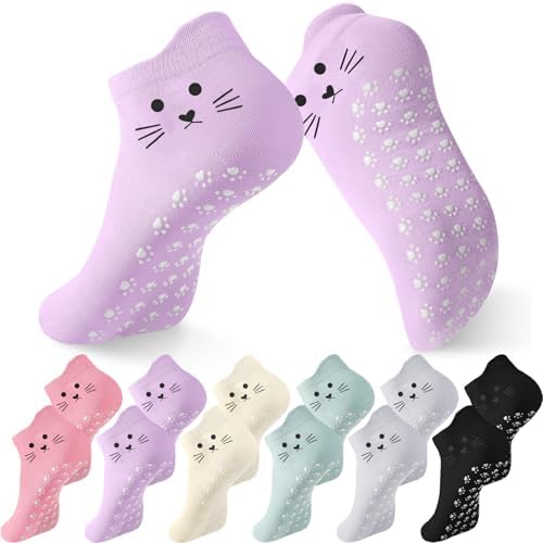 6 Pack Grip Cat Socks for Women Non Slip Cat Paw Pilates Yoga Socks for