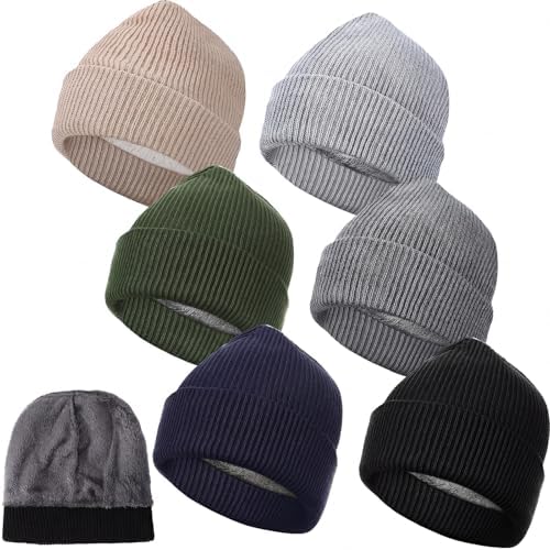 6 Pack Mens Waterproof Beanie Hats Bulk Warm Fleece Lined Skull Cap