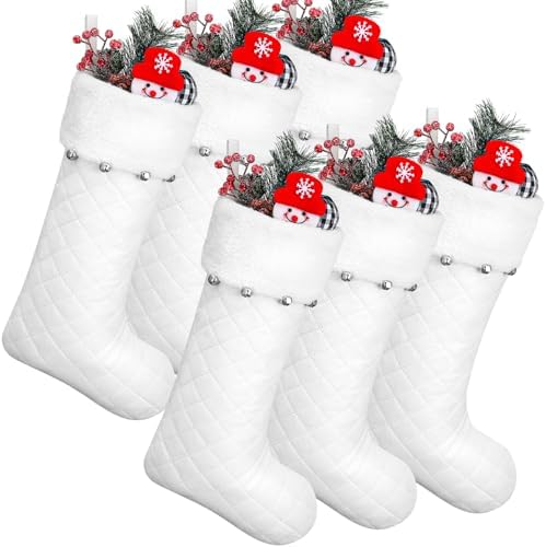 6 Pack Velvet Christmas Stocking with Bells Quilted Plush Hanging