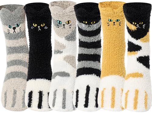 6 Pairs Fuzzy Cat Paw Socks for Women Warm Fluffy Winter Cozy