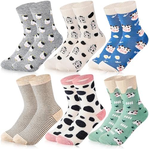 6 Pairs Fuzzy Cow Socks Women Warm Novelty Crew
