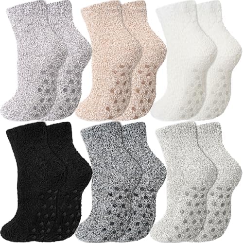 6 Pairs Fuzzy Socks with Grip for Women Non-slip Sock Classic Colors