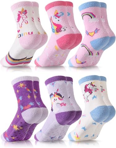 6 Pairs Girls Kids Toddler Fuzzy Socks with Grips Non Slip Cute Animal