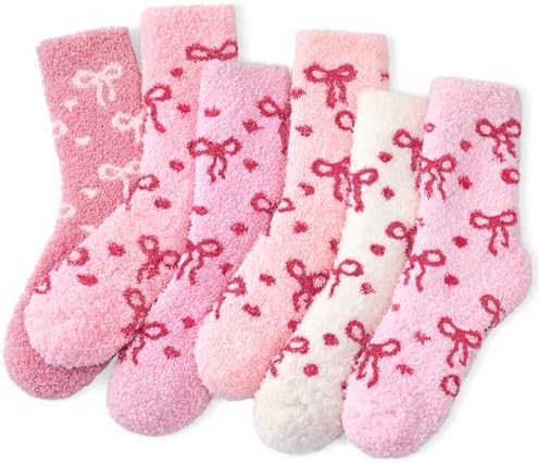 6 Pairs Pink Bow Fuzzy Socks