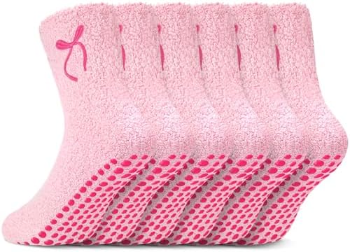 6 Pairs Pink Bow Non Slip Fuzzy Socks with Grip for Women