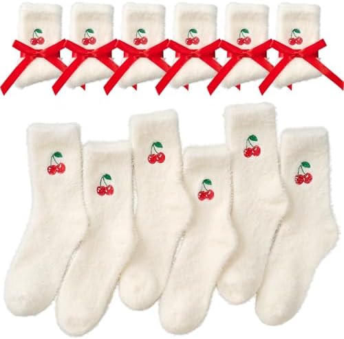 6 Pairs Pink Fuzzy Socks for Women Winter Cozy Bow Fuzzy Slipper Socks