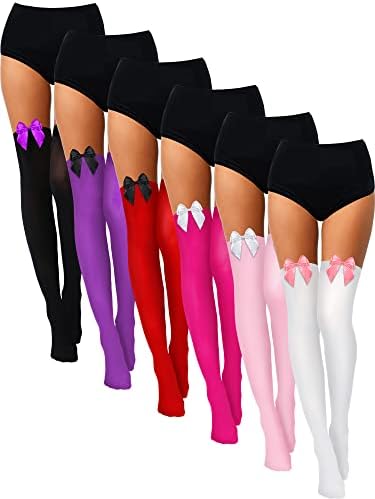 6 Pairs Thigh High Stockings with Bow for Women Vivid Color M