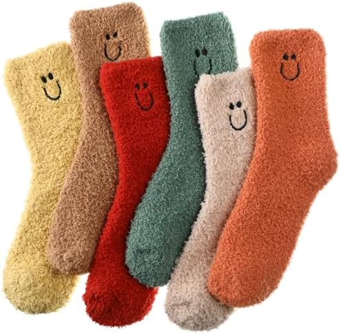 6 Pairs Women Fuzzy Socks Cute Face Winter