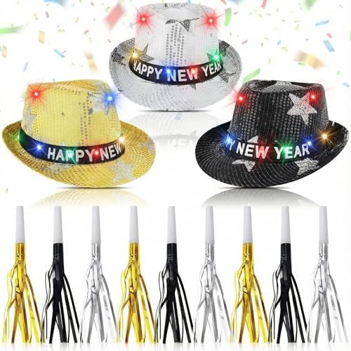 6 Pcs 2026 Happy New Year Party Hat Kit Include 3pcs LED Light up Sequin