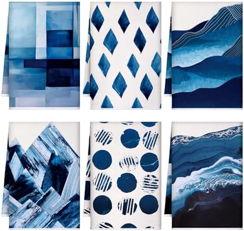 6 Pcs Blue Abstract Kitchen Towels Boho Navy Blue Dish Towels Decorative